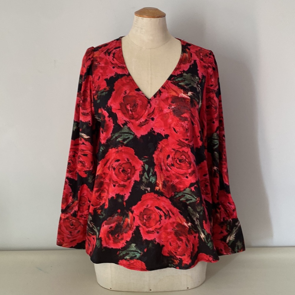 Rachel Zoe long sleeved red, black and green floral blouse with V neck. Small
